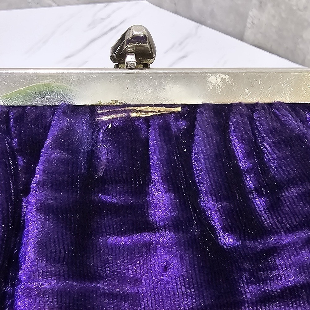 Vintage Purple Velvet Evening Bag Silver Frame Chain Strap Kiss Lock Purse - Picture 9 of 16